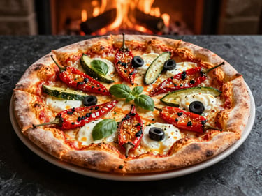 Pizza végétarienne colorée avec poivrons grillés, courgettes, olives, mozzarella, basilic, lumière du jour.