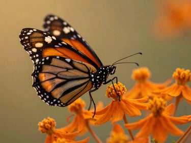 Macro shot of a monarch butterfly on a bright orange butterfly weed, dusting pollen, golden hour light