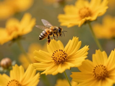 A honeybee hovering over yellow coreopsis wildflowers, wings blurred with motion, warm morning light