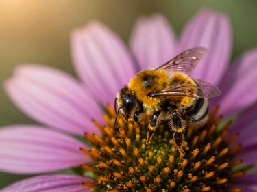 Close-up of a bumblebee nestled inside a purple coneflower, yellow pollen grains visible, soft focus background
