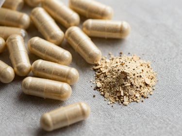 Overhead close-up of CoQ10 capsules and a small cluster of raw ubiquinol powder on warm gray linen, diffused natural daylight, tight frame, clinical but warm tone