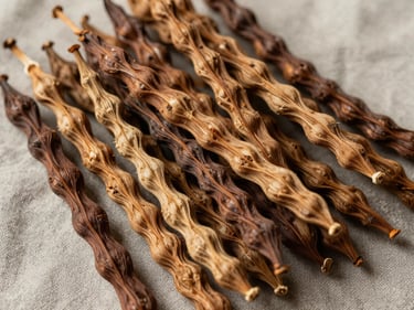 Overhead close-up of dried mucuna pruriens seed pods on warm gray linen, diffused natural daylight, tight frame showing texture and color of the pods, no bottles, no labels