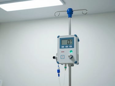 Infusion pump mounted on an IV pole in a hospital room, control panel facing forward, clinical overhead lighting, white background, tubing visible, no people in frame