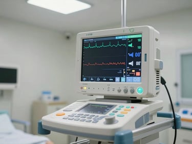 Patient monitor mounted on a hospital cart in a clinical ward, screen displaying vital sign waveforms, overhead clinical lighting, no people, white room background, close framing on device face