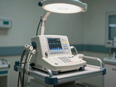 12-lead ECG machine on a clinical cart, electrode cables arranged neatly, control panel visible with buttons and display, clinical overhead lighting, hospital room background, no people