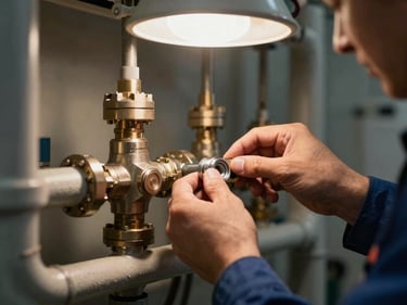 HVAC technician's hands adjusting a heating unit valve in a boiler room, industrial pipe fittings surrounding the unit, available overhead lamp light, close-up framing, no faces
