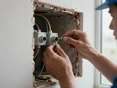 Electrician's hands tracing cable inside an open wall cavity, available daylight from a nearby window, exposed conduit and junction boxes visible, close-up framing, no faces