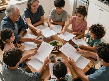 Overhead view of a multigenerational family group around a kitchen table, hands passing papers and cups, warm afternoon light, candid moment of shared activity