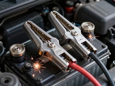 Close-up of heavy-duty jump start cables clamped to a car battery terminal in sharp technical lighting, sparks of electricity visible, dark engine bay surrounding