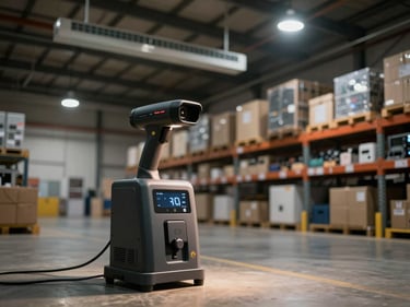 Logistics warehouse interior, network access points visible on ceiling beams, handheld scanning devices charging in a rack-mounted station, ambient warehouse lighting with focused task light on equipment, wide environmental shot