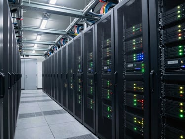 Government data center corridor, tall server racks with blinking status LEDs, overhead cable trays organized in neat runs, clean white overhead lighting, medium-wide shot down the aisle