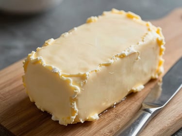 Detail close-up of hand-churned butter on a wooden board, the surface showing natural ridges and a slightly uneven texture, a butter knife resting beside it, cool north-facing light, no styled props