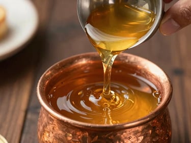 Close-up of golden desi ghee in a copper vessel being tilted to pour a slow amber stream, hands visible at the rim, warm daylight from the left, dark wooden surface beneath