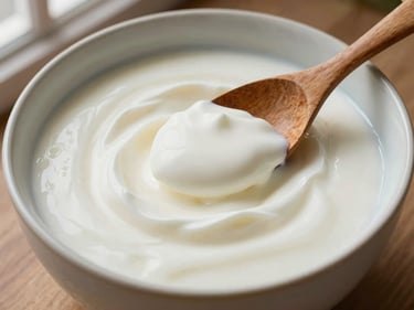 Overhead close-up of thick set yogurt in a wide ceramic bowl, a wooden spoon resting at the edge with a curl of yogurt on it, warm north-facing window light, no garnish or styling props