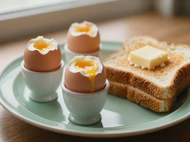 Soft-boiled eggs in retro cups next to buttered toast on a green ceramic plate, soft morning glow