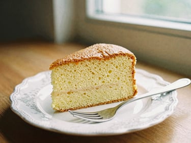 A slice of classic pandan chiffon cake on a vintage patterned plate, fork resting beside it