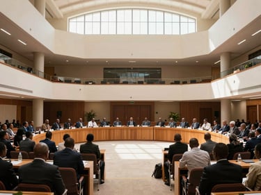 Environmental wide shot of an African conference venue interior, high ceilings, delegates seated in committee formation, daylight from clerestory windows, architectural scale