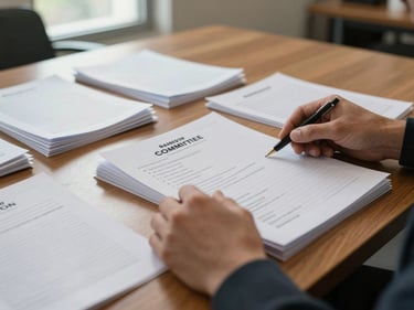 Close-up of hands sorting through printed committee agendas and position paper packets on a wooden conference table, natural window light from the side