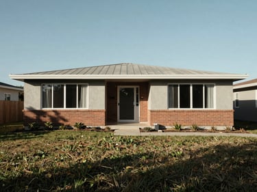 Wide exterior shot of a single-story house facade in mid-morning daylight, plain concrete and brick materials, open front yard with natural ground cover, neighboring lot visible, no people, no staging