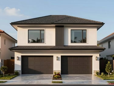 Full exterior facade of Prototype B house at ABIE Residencial, front elevation showing wider footprint and two-car garage under mid-morning daylight, neighboring lot visible in background, no people