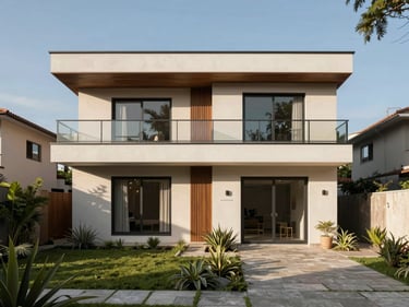 Full exterior facade of Prototype C house at ABIE Residencial, wider two-story elevation with upper balcony, front garden with natural stone path, mid-morning light casting soft shadows, no people