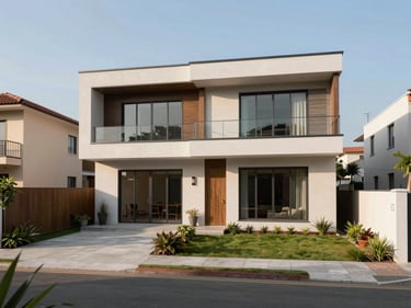 Full exterior facade of Prototype D house at ABIE Residencial, largest footprint with wide garden and covered terrace visible on one side, clear mid-morning daylight, neighboring completed houses in soft background, no people