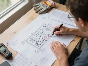 Overhead view of a project coordination table with printed site blueprints, measurement logs, and a crew leader pointing at a route plan, natural window light from one side, work gloves and a reflectometer visible on the table edge