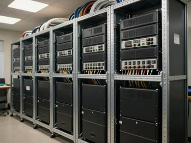 Battery bank installation in a technical room, rows of UPS units and stabilized power modules mounted in metal racks, electrical conduits running overhead, task lighting from ceiling fixtures illuminating the equipment bays
