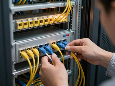 Close-up of a structured cabling installation inside a data center cabinet, patch panels and fiber trays neatly routed, a technician's hands connecting a cable under warm task lighting, equipment rack visible in background