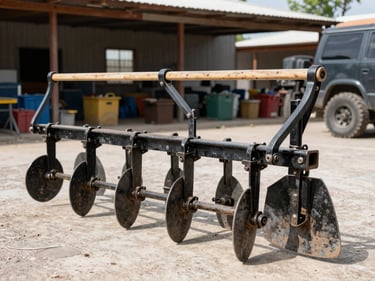 Used agricultural plow in the Pachuca yard under bright natural daylight, eye-level three-quarter view, sharp focus on mechanical details, crisp outdoor vehicle photography.