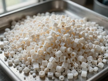 Overhead macro close-up of HDPE plastic granules in natural and white tones, dense pile on a steel processing tray, daylight from a facility window revealing grain size and surface texture