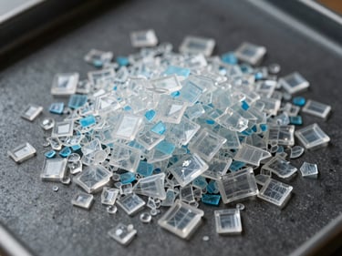 Overhead macro close-up of translucent PET plastic flake sorted by color—clear and light-blue fragments on a dark industrial sorting surface, studio strobe lighting revealing density and sharp edges of each fragment