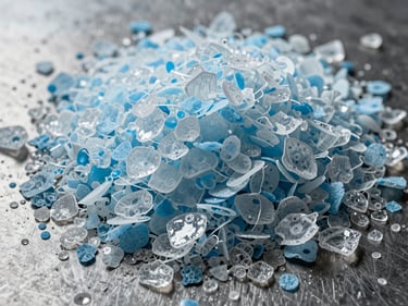 Macro close-up overhead of sorted fiber-grade PET flake in pale blue and clear tones on a steel sorting surface, studio strobe lighting revealing individual flake texture and density, no background clutter