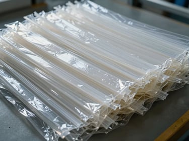 Overhead macro shot of LDPE film waste shredded into thin translucent strips, layered on a facility floor under bright overhead industrial lighting, texture and film thickness visible