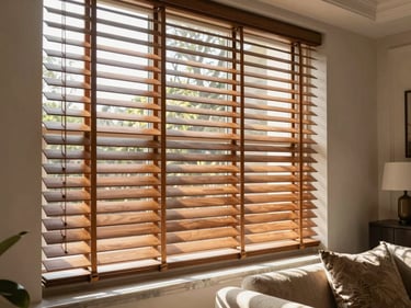 Elegant timber window blinds partially open, warm sunlight filtering through, illuminating a sophisticated living room.