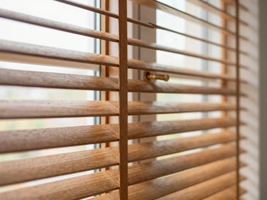 Detailed close-up of custom motorized timber window blinds partially open, warm daylight filtering through, soft shadows, 35mm