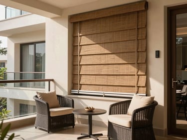 Sunlit luxury apartment balcony in Gachibowli, modern outdoor furniture, elegant weather-resistant blinds, 35mm