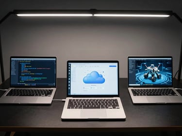 Overhead framing of three open laptops on a dark workbench showing Python, cloud dashboard, and robotics simulation screens simultaneously, cool LED strip lighting from above