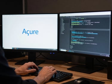 IT professional at a multi-monitor desk running Azure portal and terminal windows side by side, dark room lit by screen glow, hands on keyboard mid-command