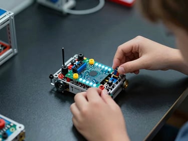 Close-up overhead shot of a child's hands assembling a small robotics kit on a dark lab bench, colorful circuit board components visible under cool LED light