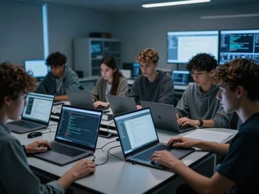 Wide shot of college-age students at laptops in a dark lab, multiple screens displaying code editors under cool blue ambient light, focused expressions
