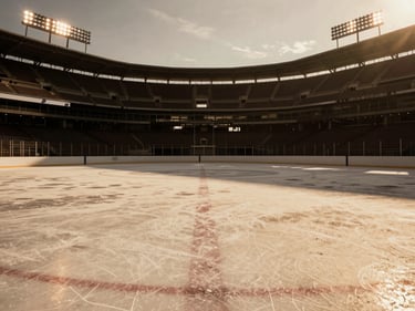 Atmospheric view of a major league stadium ice rink before a big game, dramatic stadium lighting, warm tones