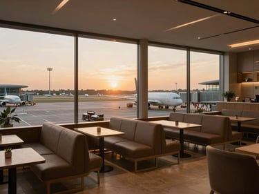 A modern luxury airport lounge overlooking the tarmac at sunset, clean lines, warm editorial feel