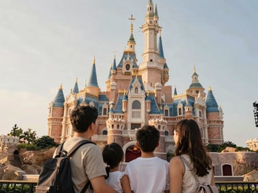 A happy family viewing a majestic fairytale castle under warm afternoon sunlight, vibrant but elegant tones