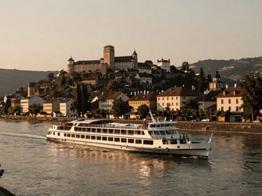 A luxury river boat cruise sailing down a scenic European river, historic castles on the hills, soft sunset light