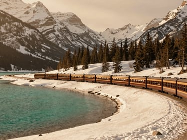 A luxury train winding through the snow-capped Canadian Rockies, emerald lake in the foreground, golden hour