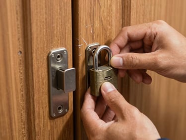 Close-up of a technician's hands removing an old cylindrical lock from a wooden door, new replacement lock beside it on the doorstep, direct flash lighting revealing tool marks on the door edge