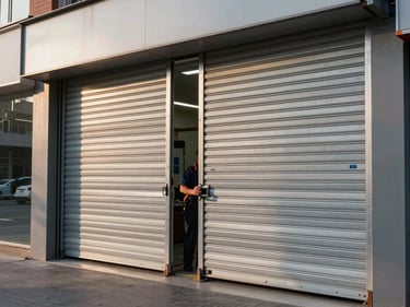 Wide shot of a commercial storefront metal roll-up gate partially raised, a technician's hands visible at the lock mechanism at floor level, early morning light on the urban street behind