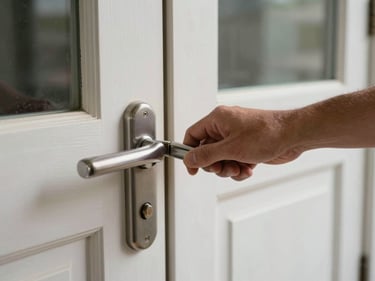 Close-up of a residential front door handle and deadbolt being unlocked by a technician's hand, natural daylight from the side, raw documentary framing, real job site