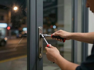 Wide shot of a locksmith working on a commercial glass storefront door lock at night, urban street light behind, tools in hand, real job environment